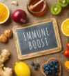 Fruits and vegetables for immune system boosting. Healthy eating background with copy space. Top view